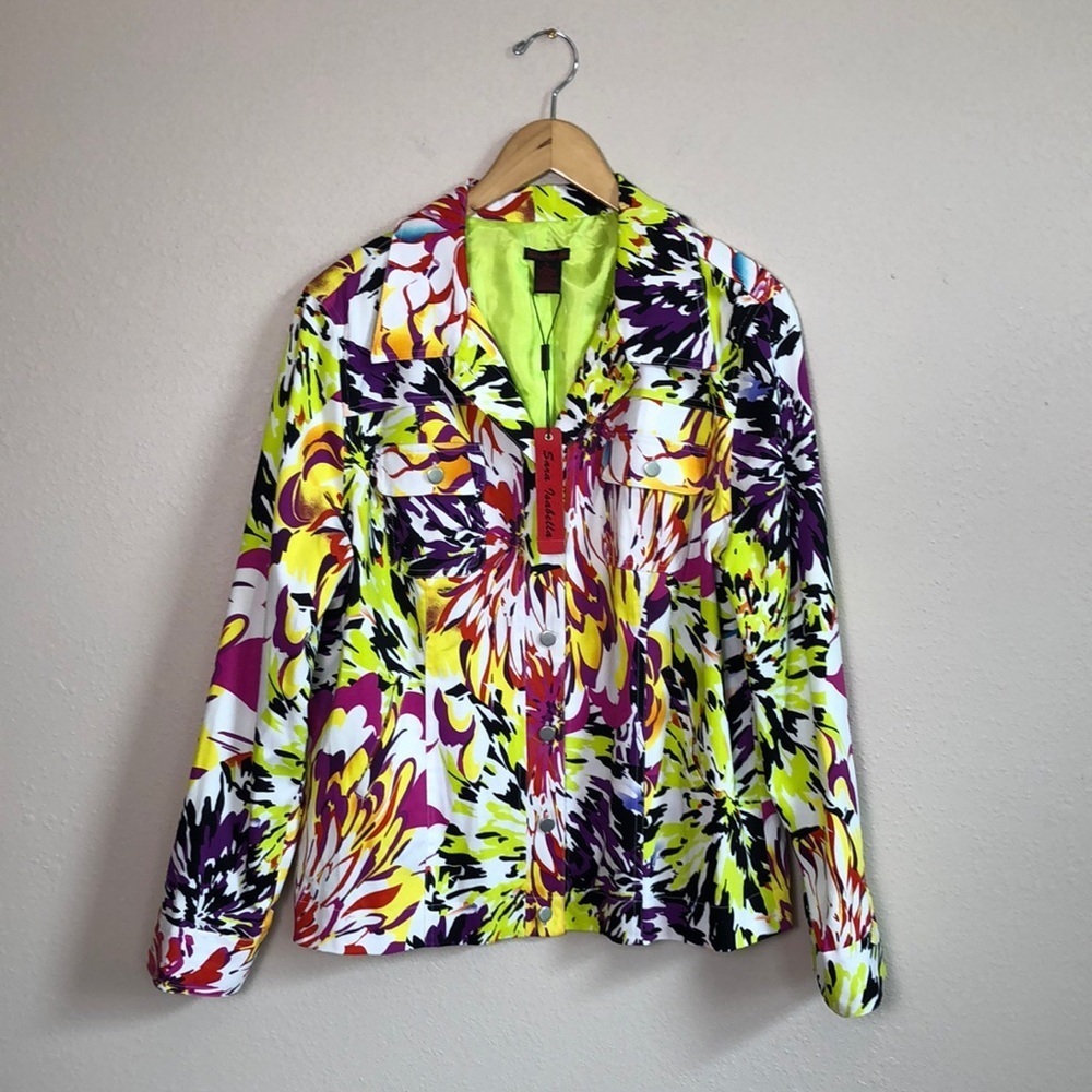 SARA ISABELLA Women XL Colorful Stretch Cotton Button Up Shirt Jacket Artsy NEW